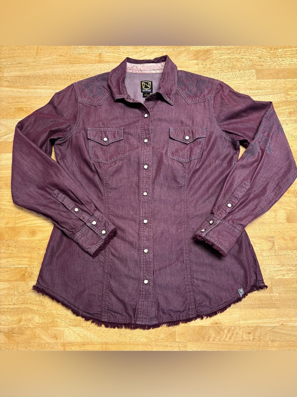 Noble Outfitters Wire Collar Pearl Snap Western Shirt Raw Hem Plum Purple Sz S